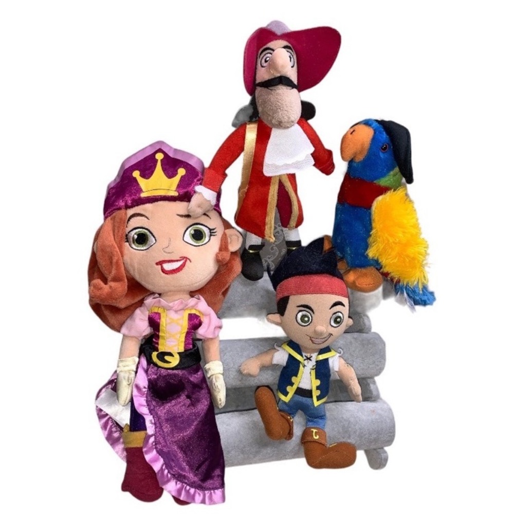 Bundle of 4 Pirate themed plush Jake, Princes, Parrot & Captain Hook Disney